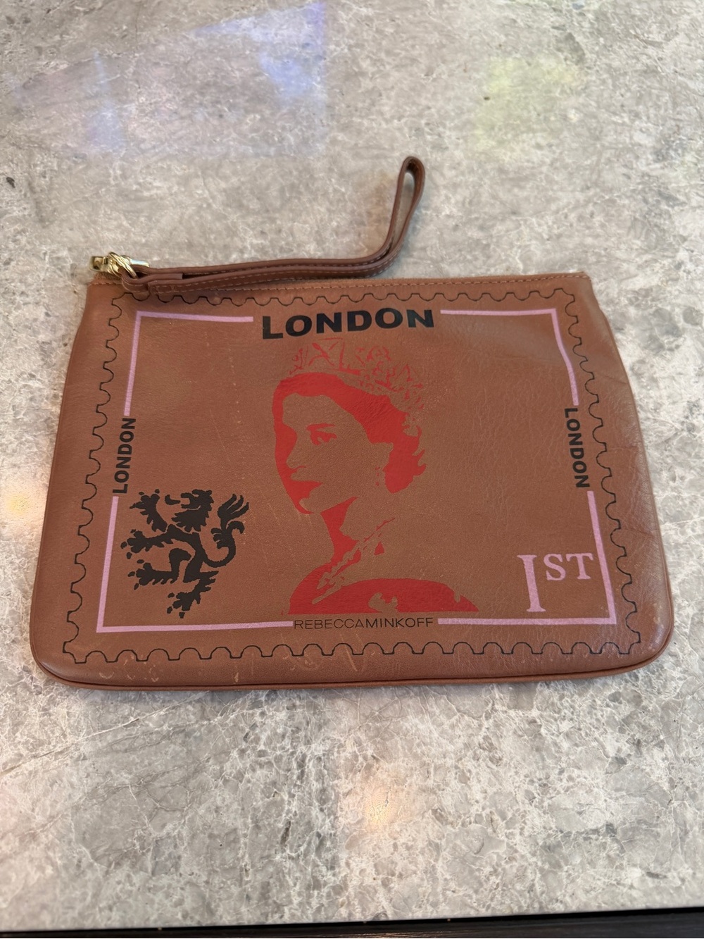 Rebecca Minkoff Brown Wristlet with Red and Pink Stamp Motif
